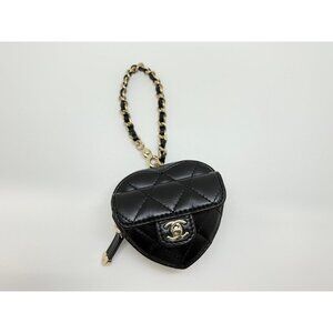 CHANEL Heart Bag Charm Black Gold Matelasse Clutch Accessories BRB Bags Wallets